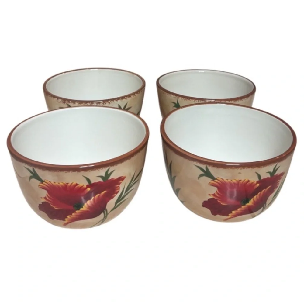Pier 1 Poppies Bowls 6” Soup / Cereal Bowl Hand Painted Earthenware 4 Pc Set Red